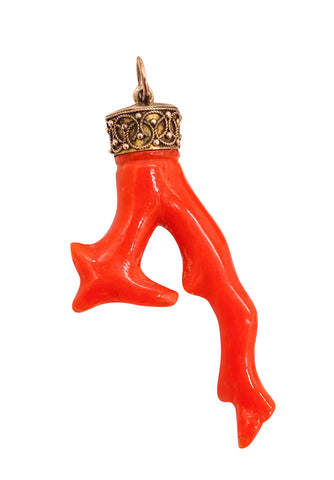 ETRUSCAN REVIVAL 1880 Italian Neapolitan Root-Coral Pendant In 18Kt Yellow Gold