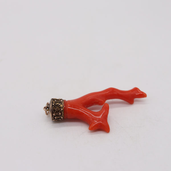 ETRUSCAN REVIVAL 1880 Italian Neapolitan Root-Coral Pendant In 18Kt Yellow Gold