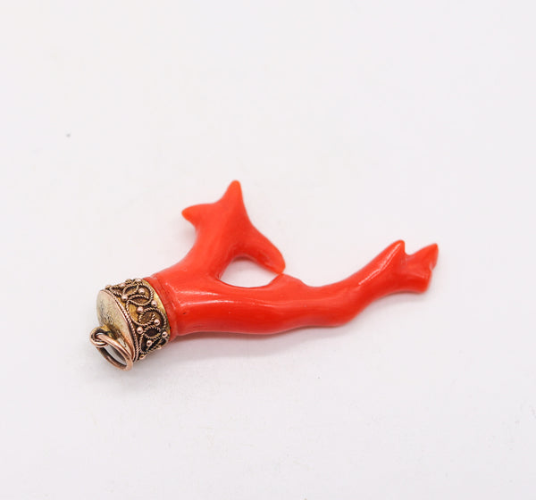ETRUSCAN REVIVAL 1880 Italian Neapolitan Root-Coral Pendant In 18Kt Yellow Gold