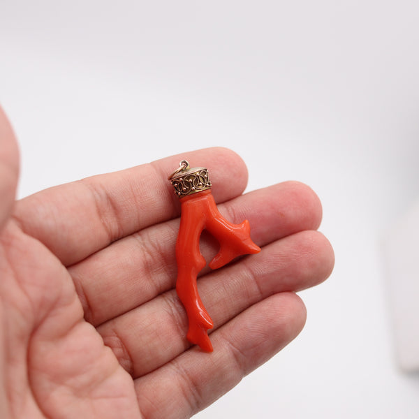 ETRUSCAN REVIVAL 1880 Italian Neapolitan Root-Coral Pendant In 18Kt Yellow Gold