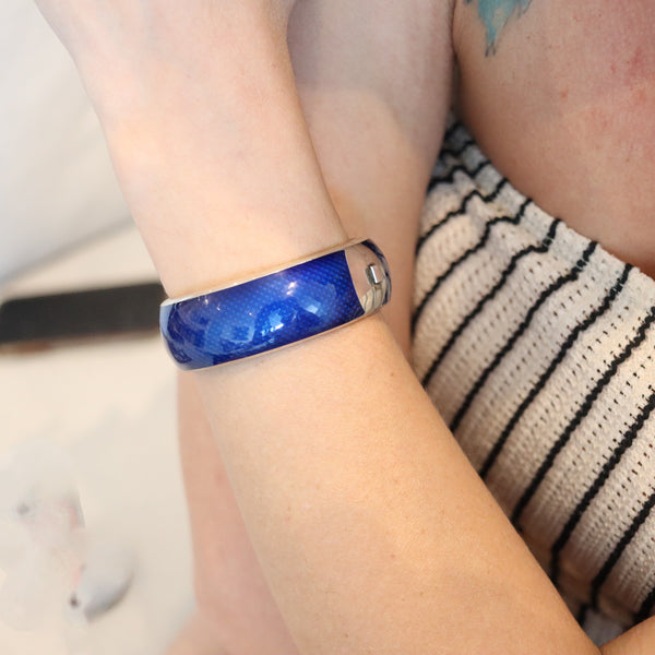 ITALIAN 1970 Modernist Guilloche "Blue" Enamel Bangle Bracelet In 925 Sterling Silver