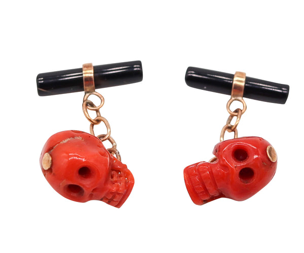 ART-DECO 1925 Chained Cufflinks In 14Kt Gold With Red Coral Skulls & Black Coral