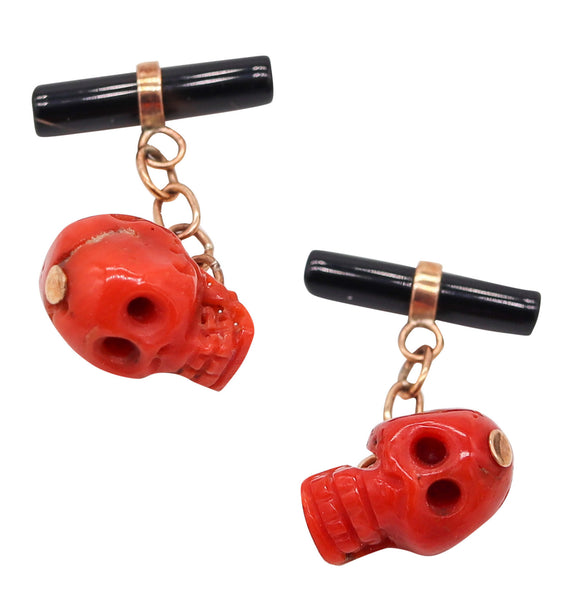 ART-DECO 1925 Chained Cufflinks In 14Kt Gold With Red Coral Skulls & Black Coral