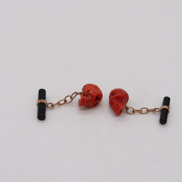 ART-DECO 1925 Chained Cufflinks In 14Kt Gold With Red Coral Skulls & Black Coral