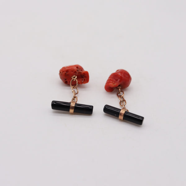 ART-DECO 1925 Chained Cufflinks In 14Kt Gold With Red Coral Skulls & Black Coral