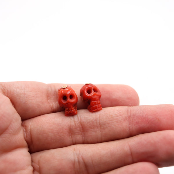 ART-DECO 1925 Chained Cufflinks In 14Kt Gold With Red Coral Skulls & Black Coral