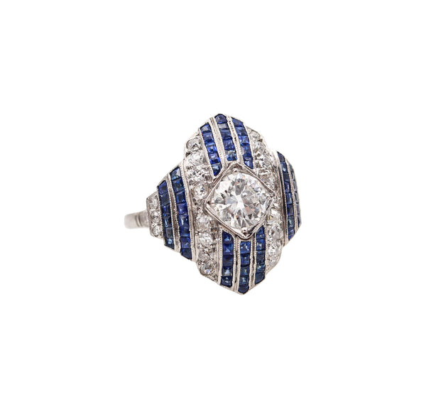 -Art Deco 1930 Geometric Ring In Platinum With 3.67 Ctw In Diamonds And Sapphires