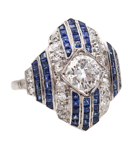 -Art Deco 1930 Geometric Ring In Platinum With 3.67 Ctw In Diamonds And Sapphires