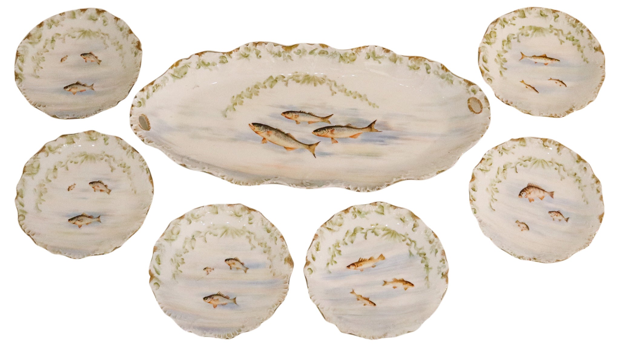 LIMOGES France 1910 Elite Set of White Porcelain Dishes And Tray For Fish Serving