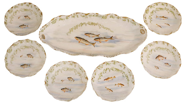 LIMOGES France 1910 Elite Set of White Porcelain Dishes And Tray For Fish Serving