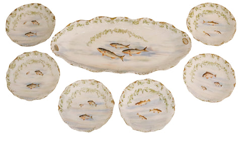LIMOGES France 1910 Elite Set of White Porcelain Dishes And Tray For Fish Serving