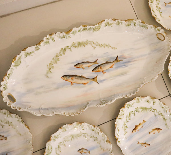 LIMOGES France 1910 Elite Set of White Porcelain Dishes And Tray For Fish Serving