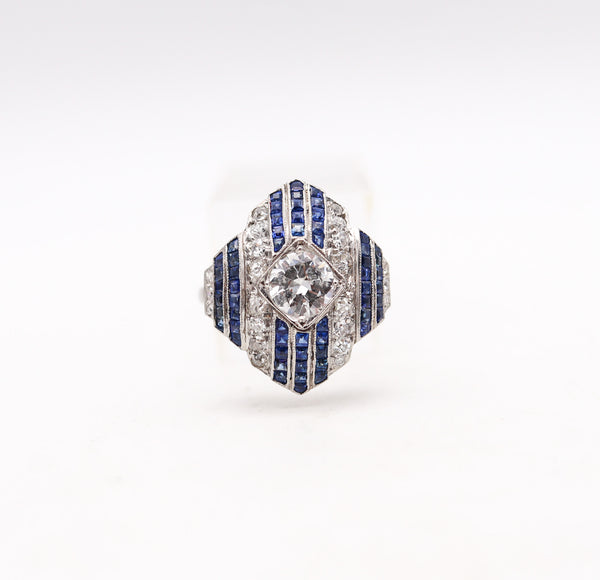 -Art Deco 1930 Geometric Ring In Platinum With 3.67 Ctw In Diamonds And Sapphires