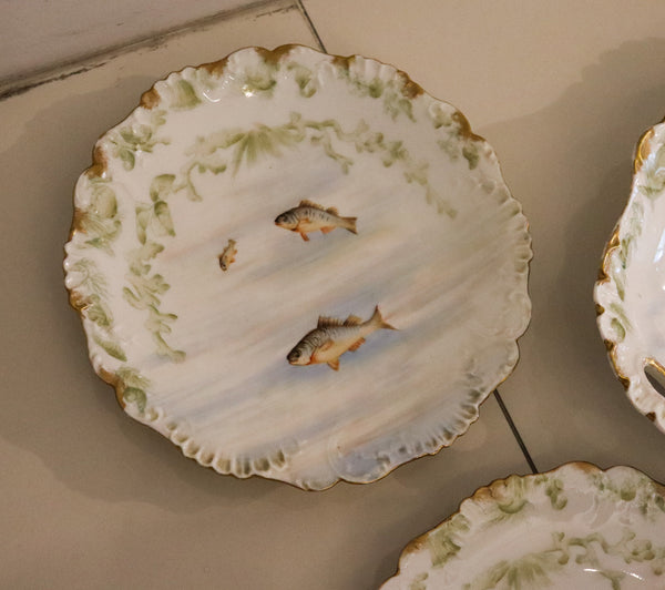 LIMOGES France 1910 Elite Set of White Porcelain Dishes And Tray For Fish Serving
