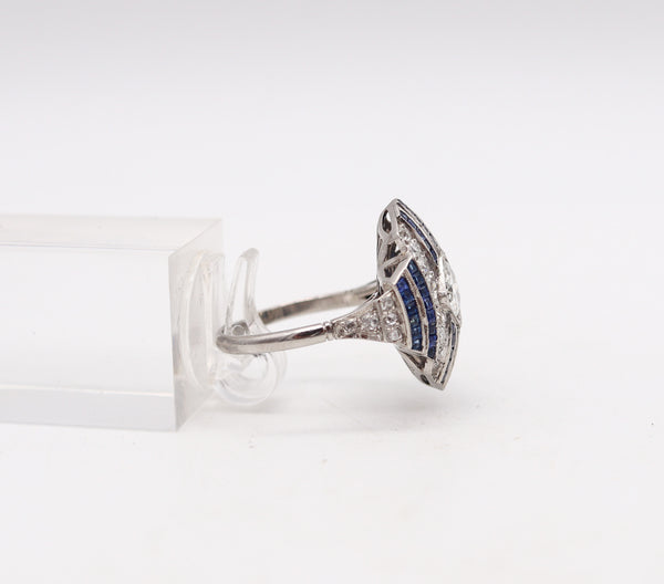 -Art Deco 1930 Geometric Ring In Platinum With 3.67 Ctw In Diamonds And Sapphires