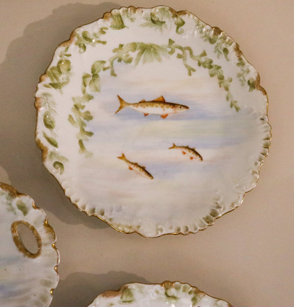 LIMOGES France 1910 Elite Set of White Porcelain Dishes And Tray For Fish Serving