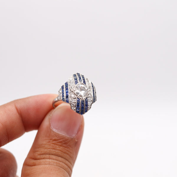 -Art Deco 1930 Geometric Ring In Platinum With 3.67 Ctw In Diamonds And Sapphires