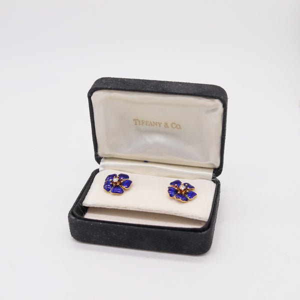 TIFFANY & CO. Blue Enameled Flowers Earrings In 18Kt Yellow Gold With VS Diamonds