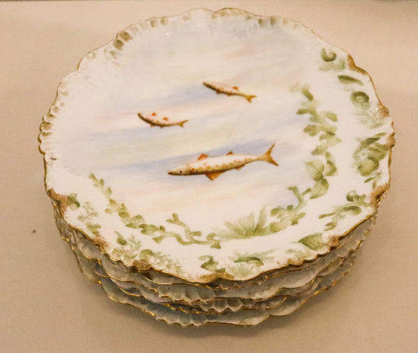 LIMOGES France 1910 Elite Set of White Porcelain Dishes And Tray For Fish Serving