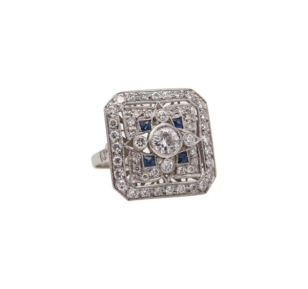 -Art Deco 1935 Square Ring In Platinum With 1.89 Ctw In Diamonds And Sapphires