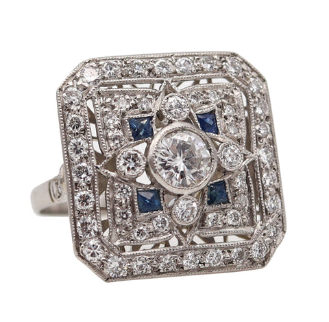 -Art Deco 1935 Square Ring In Platinum With 1.89 Ctw In Diamonds And Sapphires