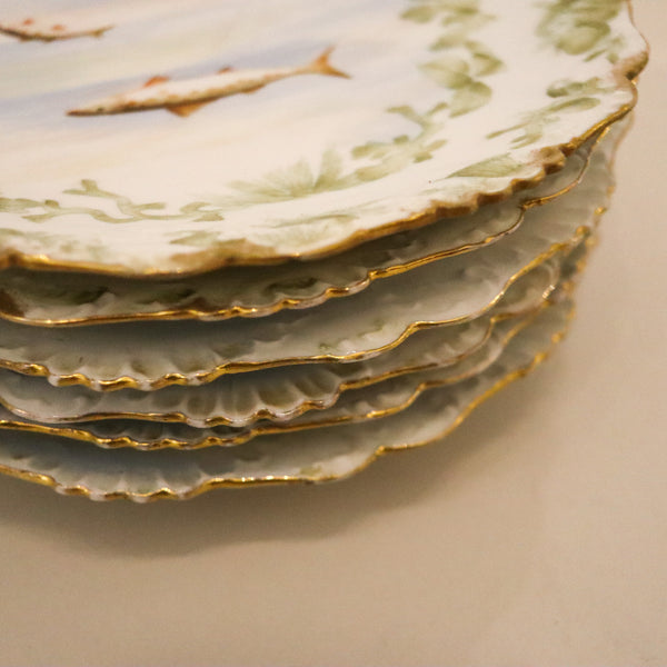 LIMOGES France 1910 Elite Set of White Porcelain Dishes And Tray For Fish Serving