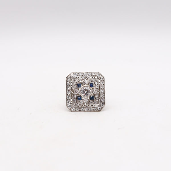 -Art Deco 1935 Square Ring In Platinum With 1.89 Ctw In Diamonds And Sapphires