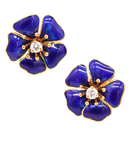 TIFFANY & CO. Blue Enameled Flowers Earrings In 18Kt Yellow Gold With VS Diamonds