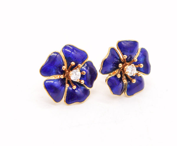 TIFFANY & CO. Blue Enameled Flowers Earrings In 18Kt Yellow Gold With VS Diamonds