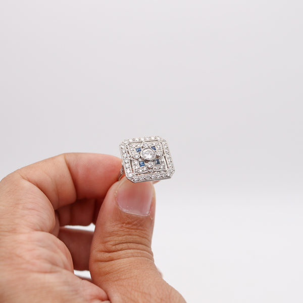 -Art Deco 1935 Square Ring In Platinum With 1.89 Ctw In Diamonds And Sapphires