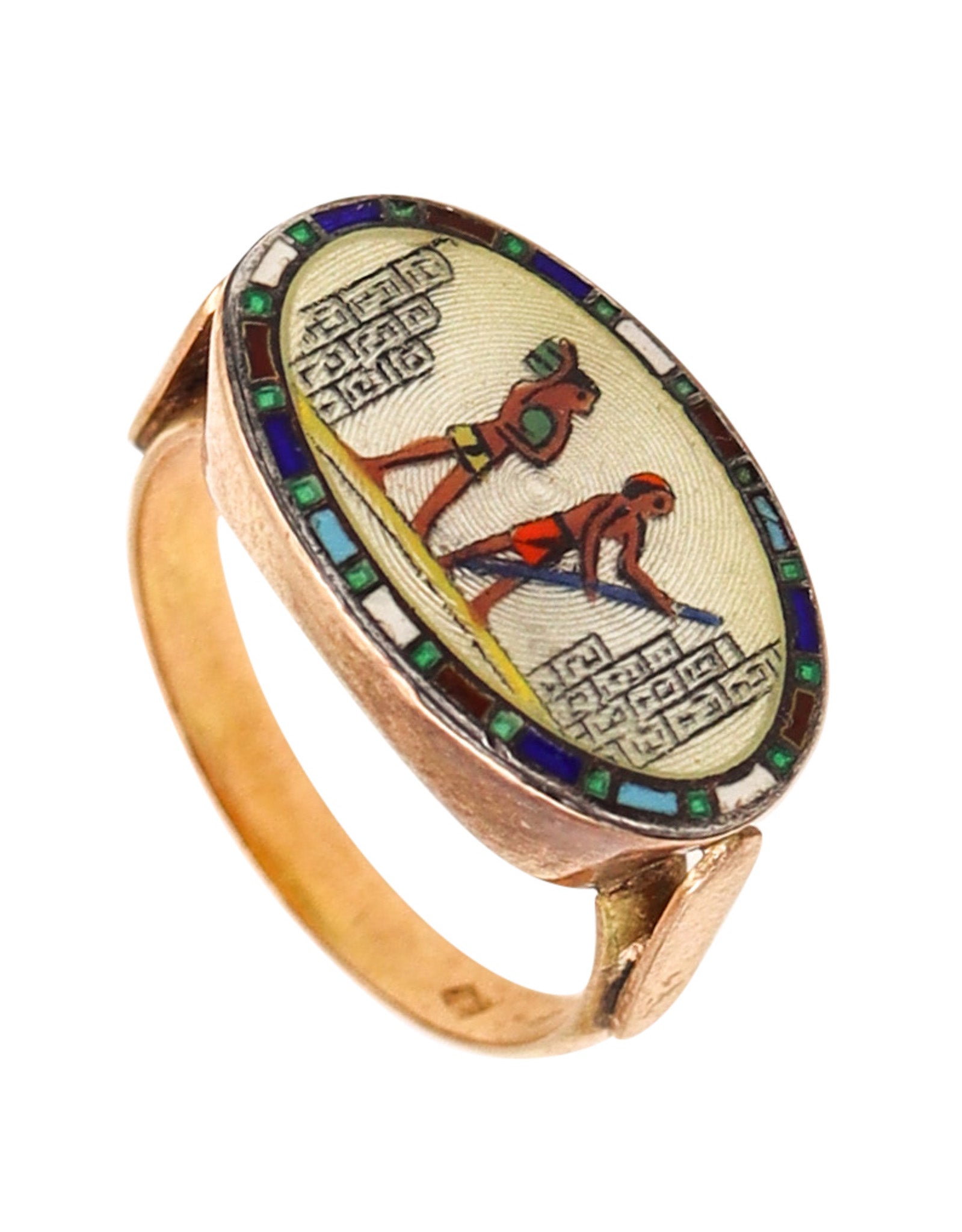 -Austrian 1920 Deco Egyptian Revival Ring In 14Kt Yellow Gold With Guilloche Enamel