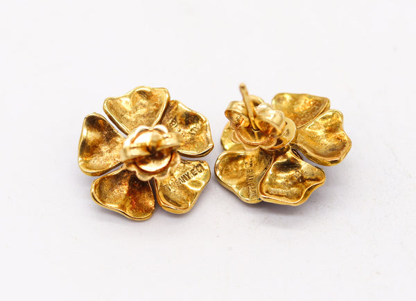 TIFFANY & CO. Blue Enameled Flowers Earrings In 18Kt Yellow Gold With VS Diamonds