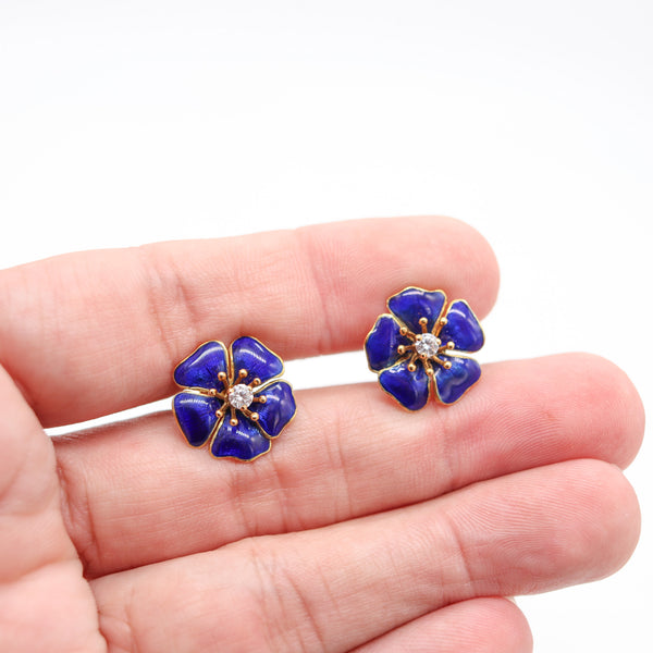 TIFFANY & CO. Blue Enameled Flowers Earrings In 18Kt Yellow Gold With VS Diamonds