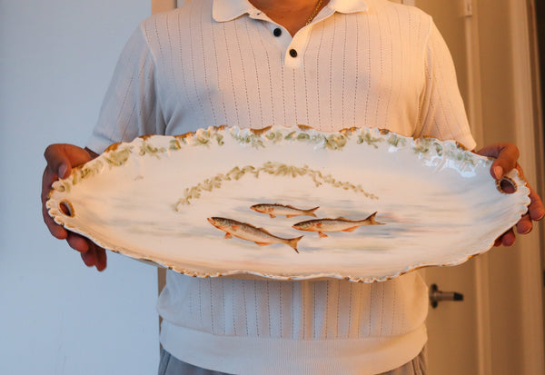 LIMOGES France 1910 Elite Set of White Porcelain Dishes And Tray For Fish Serving