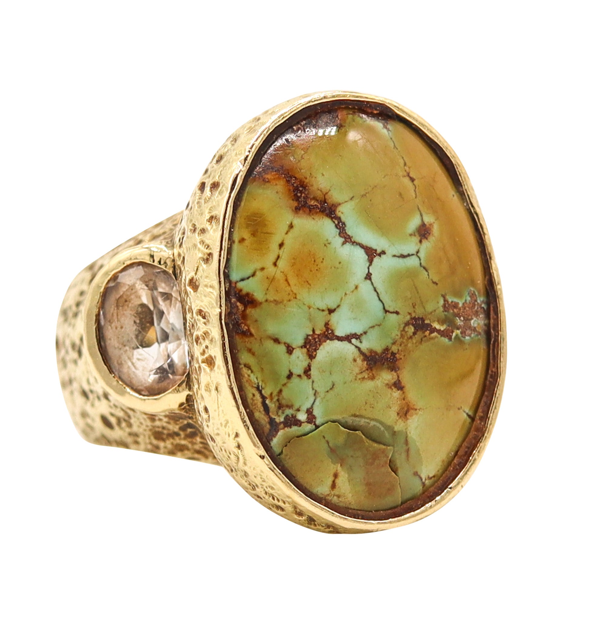 KATY BRISCOE Massive Cocktail Ring In 18Kt Yellow Gold With Turquoises & Quartzes
