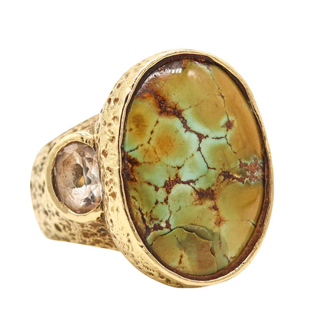KATY BRISCOE Massive Cocktail Ring In 18Kt Yellow Gold With Turquoises & Quartzes