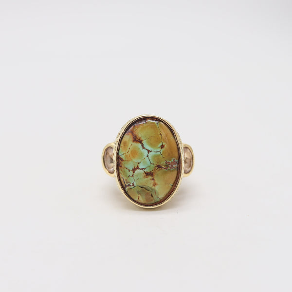 KATY BRISCOE Massive Cocktail Ring In 18Kt Yellow Gold With Turquoises & Quartzes