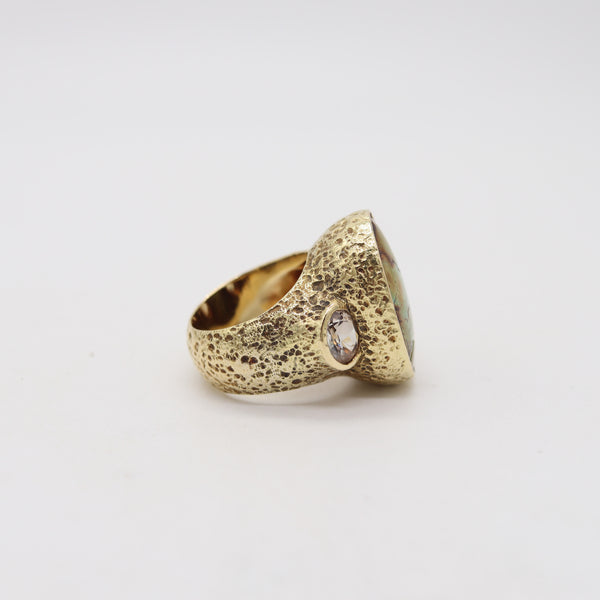 KATY BRISCOE Massive Cocktail Ring In 18Kt Yellow Gold With Turquoises & Quartzes