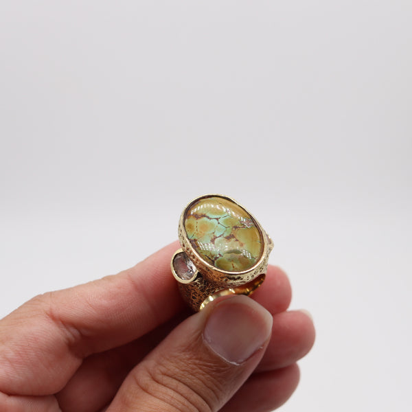 KATY BRISCOE Massive Cocktail Ring In 18Kt Yellow Gold With Turquoises & Quartzes
