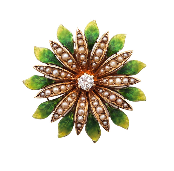 EDWARDIAN 1908 Enameled Flower Pendant In 14Kt Gold With Diamond & Pearls