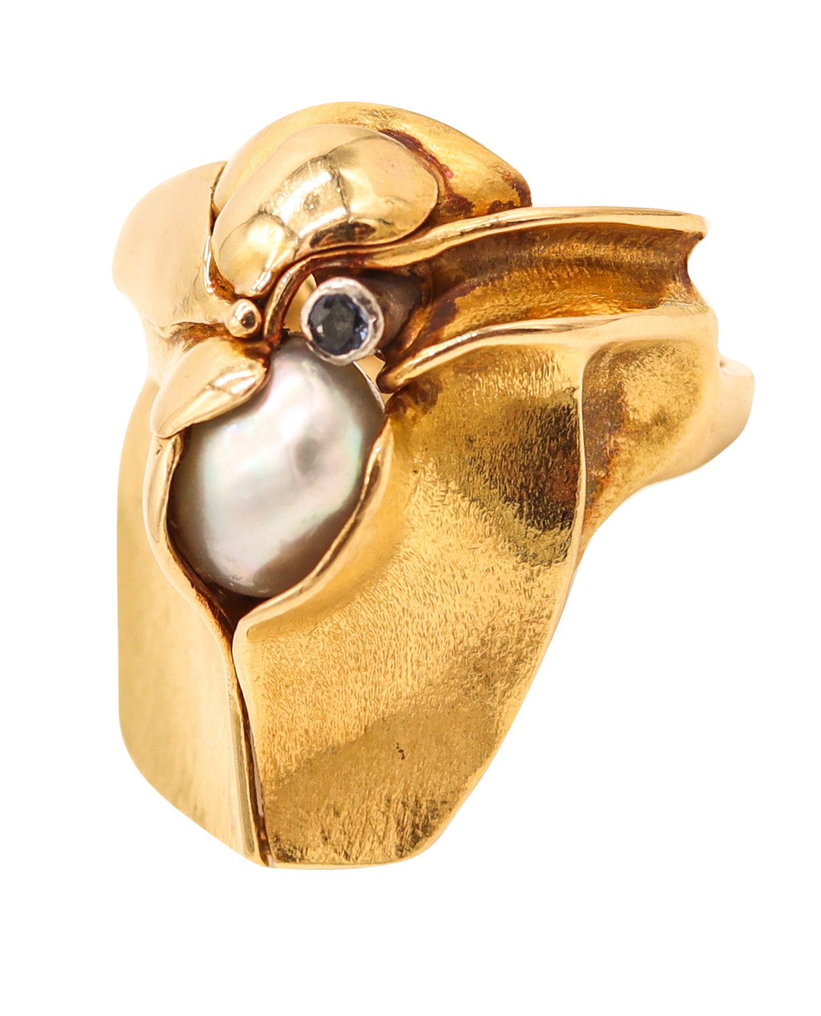 SCANDINAVIAN Modernist Organic Cocktail Ring In 18Kt Gold With Sapphire & Pearl