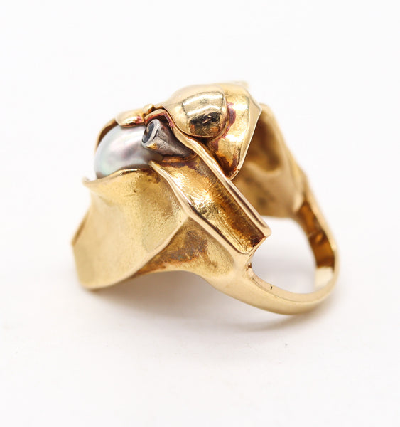 SCANDINAVIAN Modernist Organic Cocktail Ring In 18Kt Gold With Sapphire & Pearl