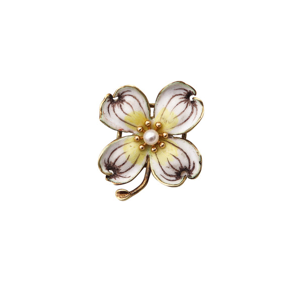 ART NOUVEAU Edwardian 1905 Enamel Flower Pendant Brooch 14Kt Gold & Pearl