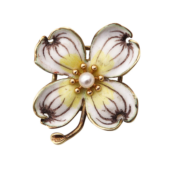 ART NOUVEAU Edwardian 1905 Enamel Flower Pendant Brooch 14Kt Gold & Pearl