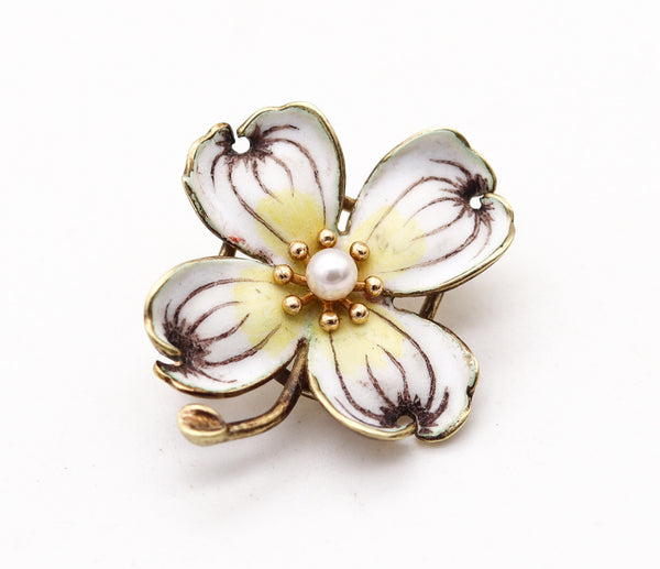 ART NOUVEAU Edwardian 1905 Enamel Flower Pendant Brooch 14Kt Gold & Pearl