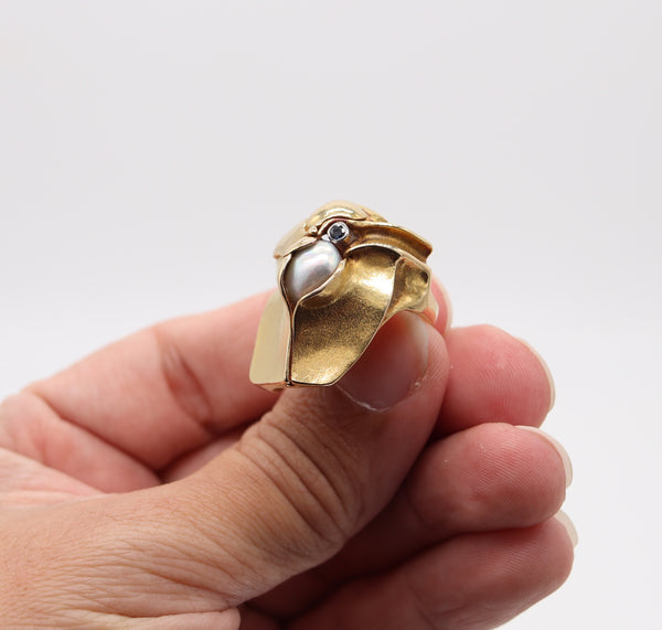 SCANDINAVIAN Modernist Organic Cocktail Ring In 18Kt Gold With Sapphire & Pearl