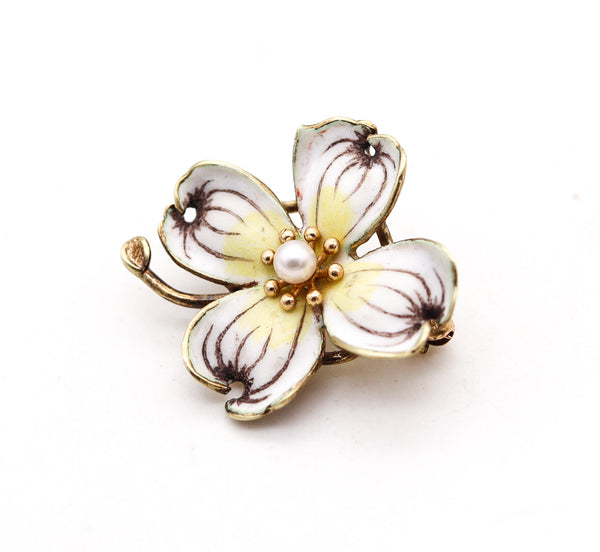 ART NOUVEAU Edwardian 1905 Enamel Flower Pendant Brooch 14Kt Gold & Pearl