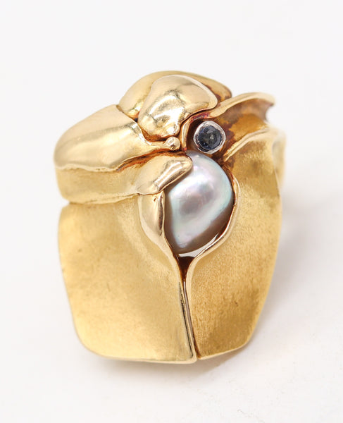 SCANDINAVIAN Modernist Organic Cocktail Ring In 18Kt Gold With Sapphire & Pearl