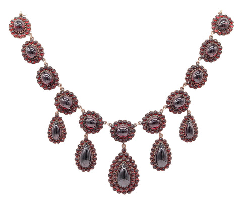 VICTORIAN Bohemian 1880 Gilt Festoon Necklace With 112.90 Ctw In Natural Garnets