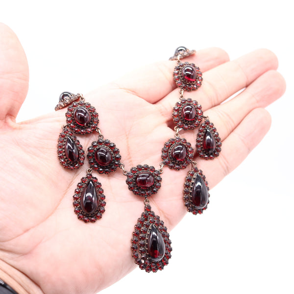 VICTORIAN Bohemian 1880 Gilt Festoon Necklace With 112.90 Ctw In Natural Garnets